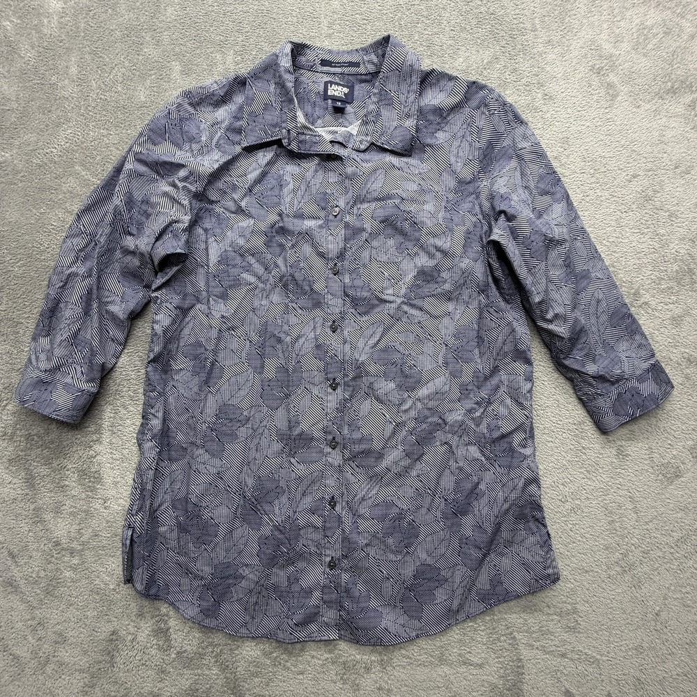 Lands' End Shirt Womens 12 Blue Floral Tunic Button-Up 3/4 Sleeve Cotton